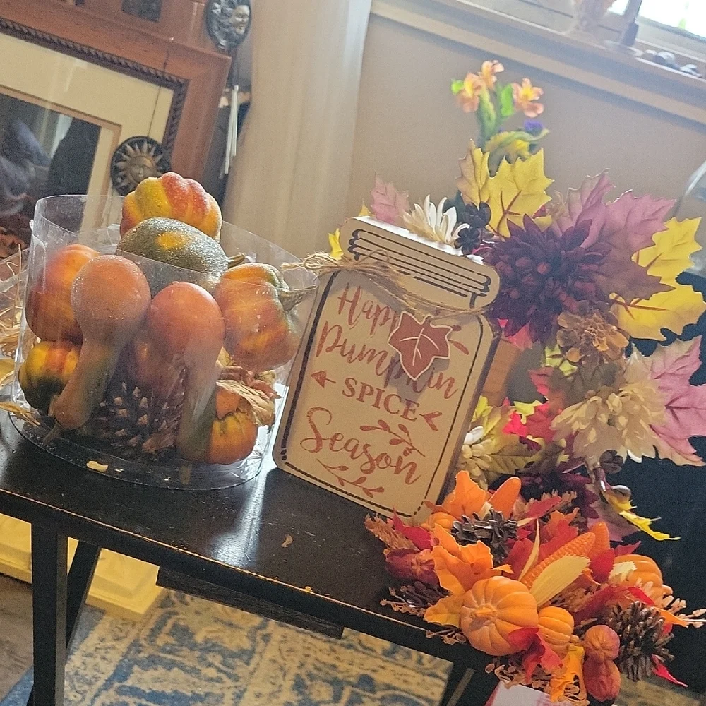 Autumn Harvest Pumpkin Spice Decor Set, Never Used,bowl Filler/ Sign/2 Silk Ring